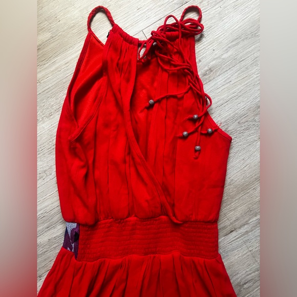 Red Boho Dress with Tassels Open Back Aztec Waistband - Picture 8 of 13